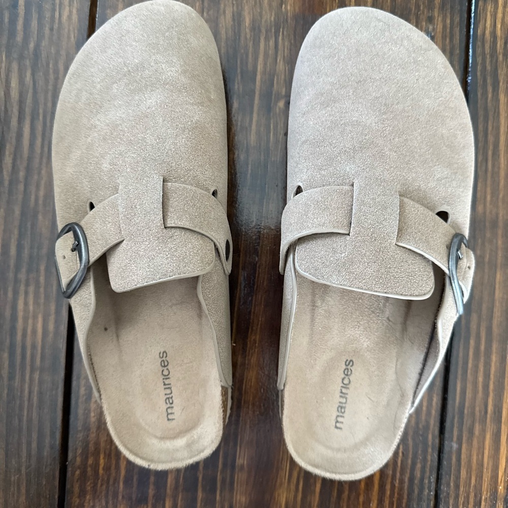 Maurices Beige Suede Buckle Clogs